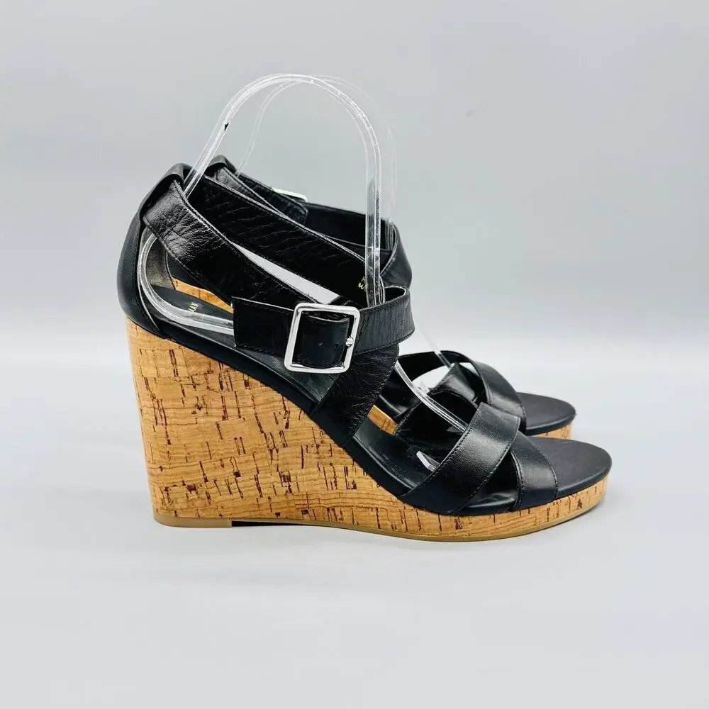 Cole Haan Sandals Womens 9 Black Leather Grand OS Cork Wedge Ankle Strap Buckle